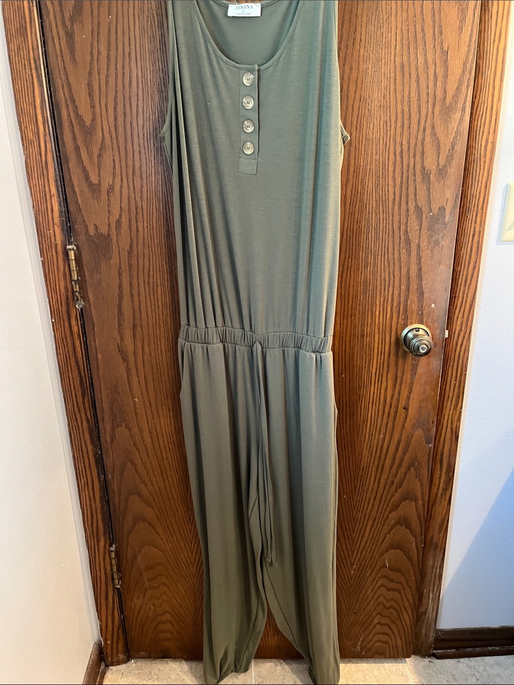 Zenana Outfitters Olive Green Sleeveless Jumpsuit with Button Placket Never worm